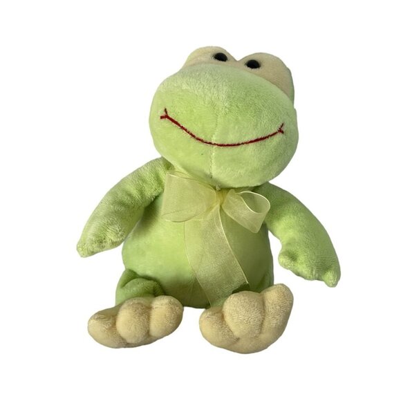 Vintage Plush Frog Toy With Bow Soft Green & Yellow Adorable! - Picture 2 of 5